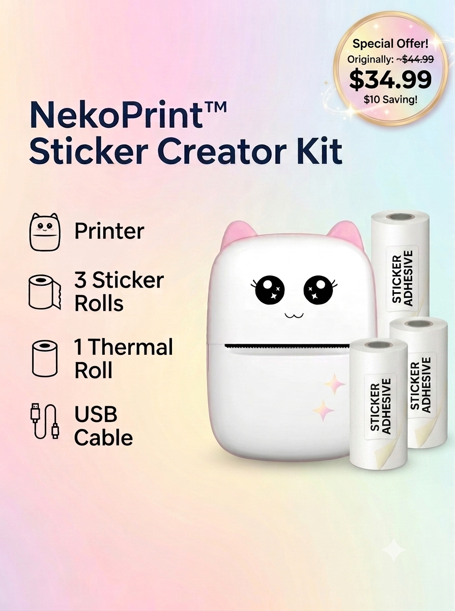 NEKOPrint™ Mini Thermal Printer – Inkless Bluetooth Printer for Stickers & Photos