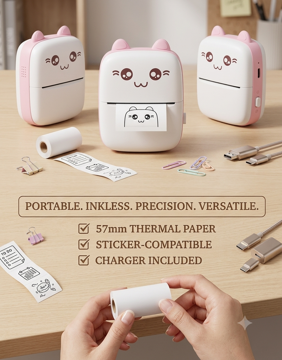 NEKOPrint™ Mini Thermal Printer – Inkless Bluetooth Printer for Stickers & Photos